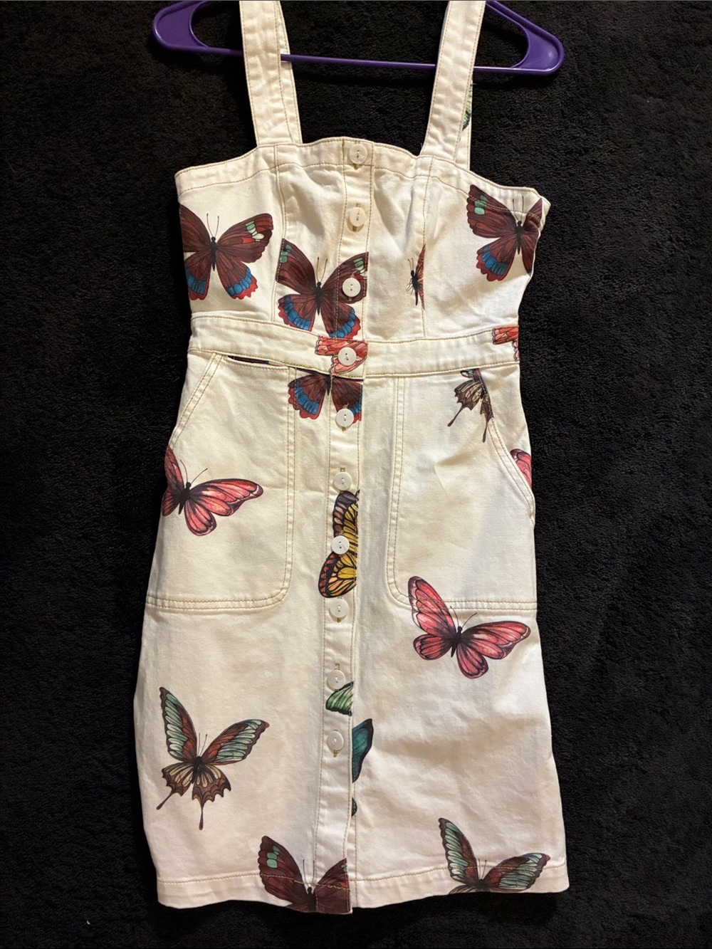 Rachel Antonoff Cream Button-Front Apron Dress Pockets w/Butterfly Print size 0 - Picture 2 of 13